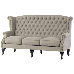 ライトグレーPUレザーチェスターフィールド3シーターウイングバックソファ