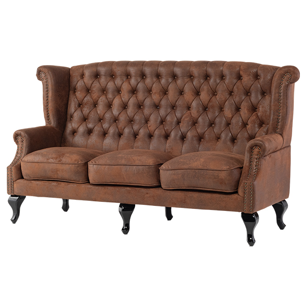 ヴィンテージレザー調ファブリックチェスターフィールド3シーターウイングバックソファ