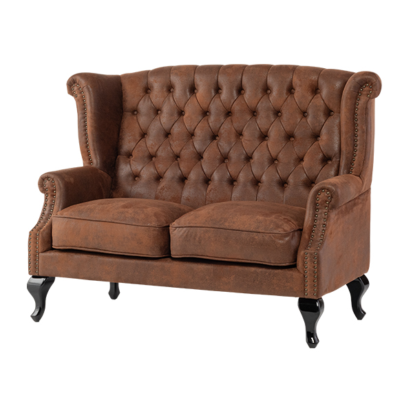 ヴィンテージレザー調ファブリックチェスターフィールドウイングバックソファ