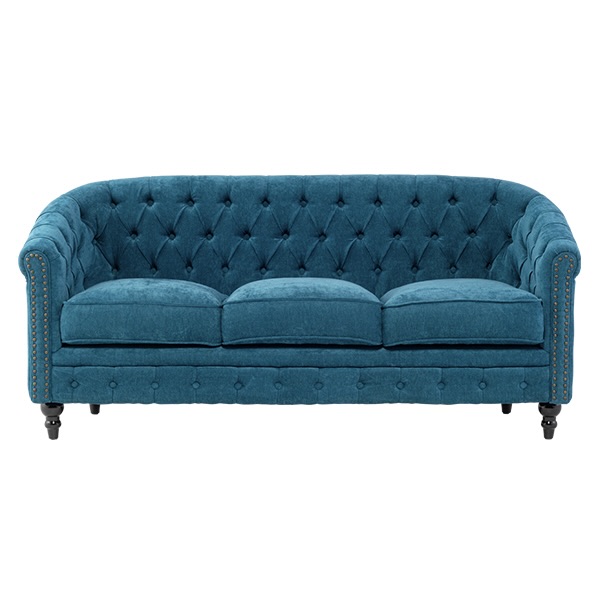 ブルーファブリックコンパクトチェスターフィールドラウンジ3シーターソファ　VINCENT