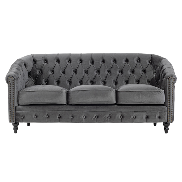 グレーベルベットコンパクトチェスターフィールドラウンジ3シーターソファ　VINCENT