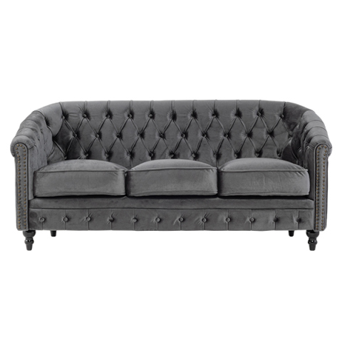 グレーベルベットコンパクトチェスターフィールドラウンジ3シーターソファ　VINCENT