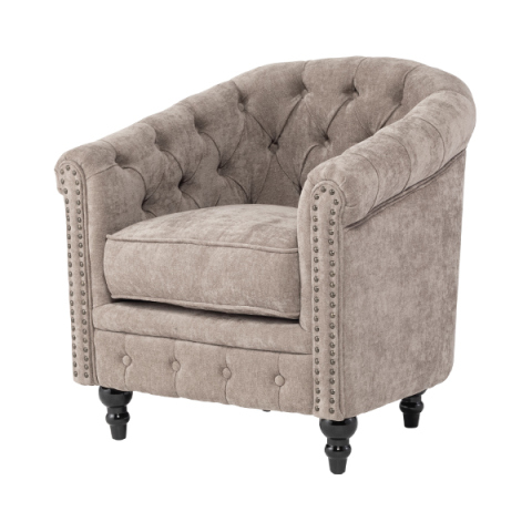 ライトグレーファブリックコンパクトチェスターフィールドラウンジシングルソファ　VINCENT