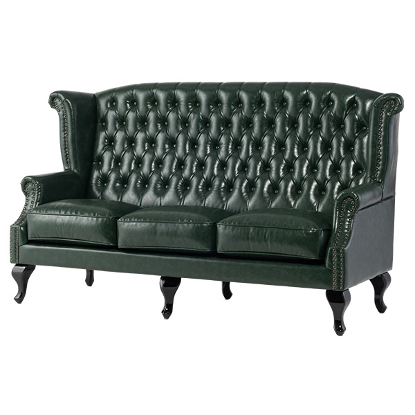 グリーンPUレザーチェスターフィールド3シーターウイングバックソファ