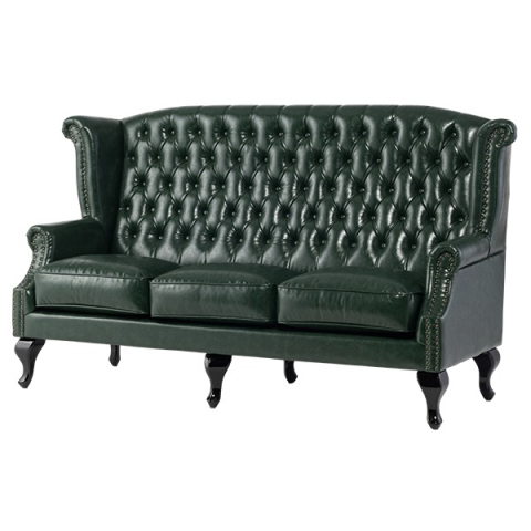 グリーンPUレザーチェスターフィールド3シーターウイングバックソファ