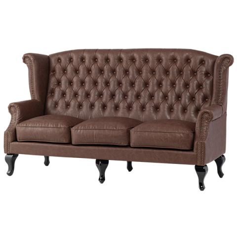 ブラウンPUレザーチェスターフィールド3シーターウイングバックソファ