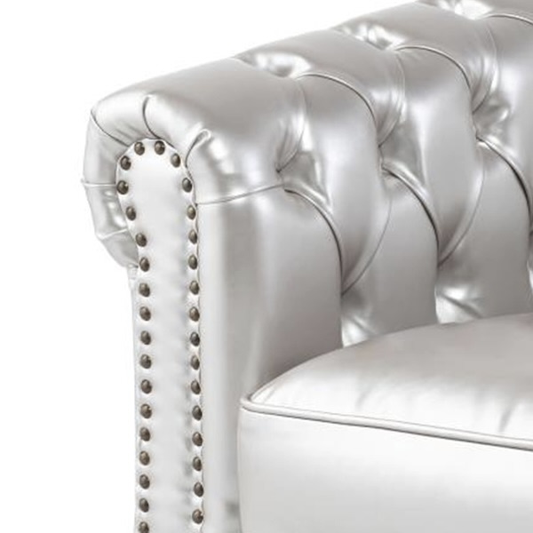 シルバーPUレザーコンパクトチェスターフィールド2シーターソファ