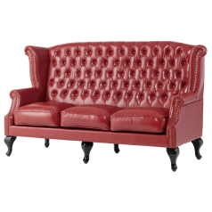 レッドPUレザーチェスターフィールド3シーターウイングバックソファ