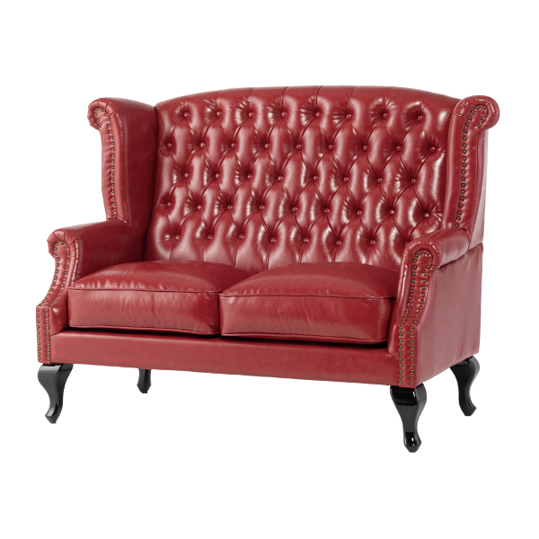 レッドPUレザーチェスターフィールドウイングバックソファ
