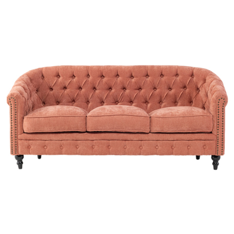 サーモンピンクファブリックコンパクトチェスターフィールドラウンジ3シーターソファ　VINCENT