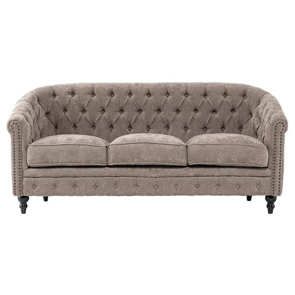 ライトグレーファブリックコンパクトチェスターフィールドラウンジ3シーターソファ　VINCENT