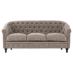 ライトグレーファブリックコンパクトチェスターフィールドラウンジ3シーターソファ　VINCENT