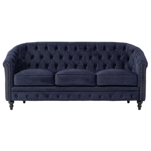 ネイビーブルーベルベットコンパクトチェスターフィールドラウンジ3シーターソファ　VINCENT