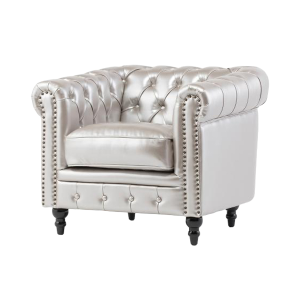 シルバーPUレザーコンパクトチェスターフィールドシングルソファ